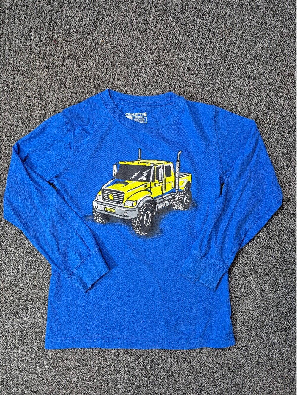 Carhartt Boys Long Sleeve Shirt Size 7 Blue Double Sided Truck Graphic Tee